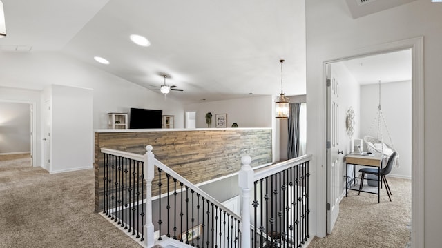 1824 W 28th Ave, Kennewick, WA 99337 - hall featuring carpet flooring, lofted ceiling, an upstairs landing, and recessed lighting