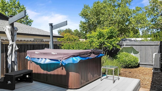 654 Cottonwood Dr, Richland, WA 99352 - wooden deck featuring a hot tub and a cooling unit