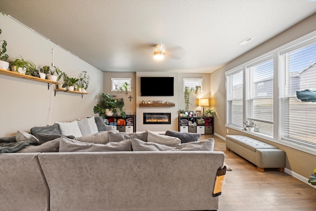 7867 Blanchard Loop, West Richland, WA 99353 - living area with a glass covered fireplace, light wood finished floors, plenty of natural light, and a ceiling fan