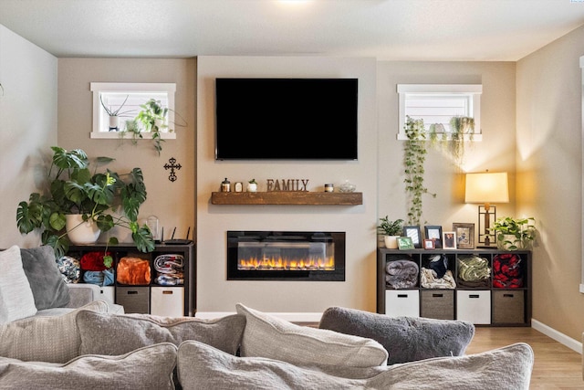 7867 Blanchard Loop, West Richland, WA 99353 - living room featuring a glass covered fireplace, wood finished floors, and plenty of natural light