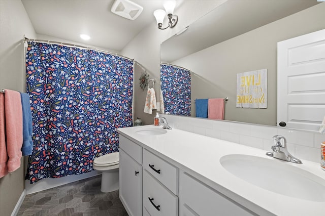 7867 Blanchard Loop, West Richland, WA 99353 - bathroom featuring double vanity, a shower with curtain, and backsplash