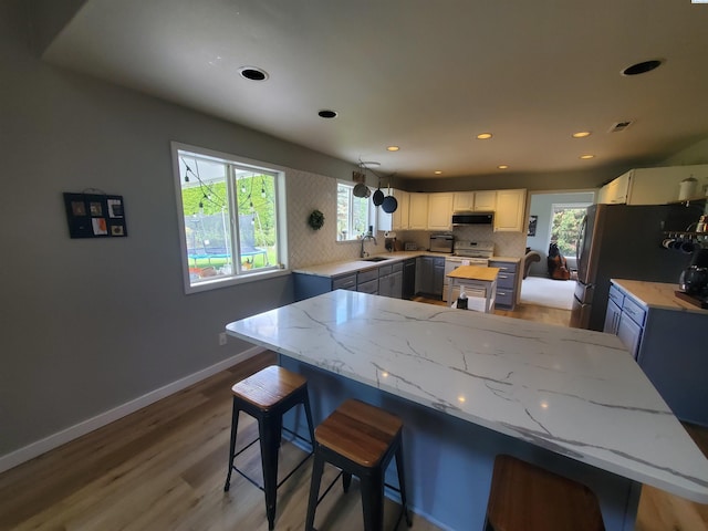 7218 W 15th Ave, Kennewick, WA 99336 - kitchen with stainless steel appliances, a center island, a sink, decorative backsplash, and light wood-style floors