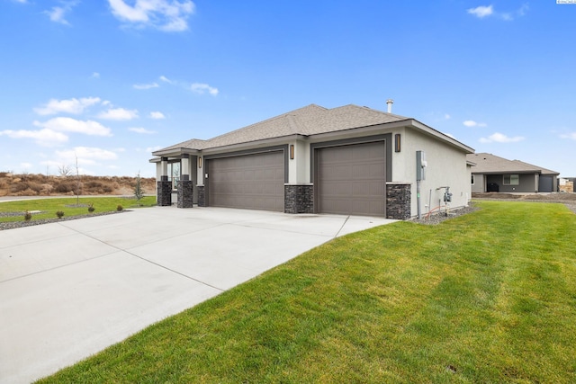 view of home's exterior featuring an attached garage, a yard, stone siding, driveway, and stucco siding