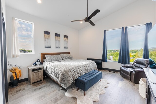 3312 Bing St, West Richland, WA 99353 - bedroom with lofted ceiling, light wood-style flooring, recessed lighting, baseboards, and ceiling fan