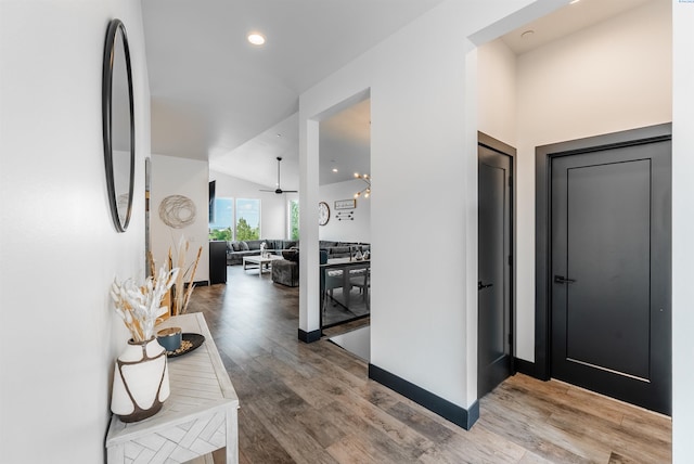 3312 Bing St, West Richland, WA 99353 - foyer with wood finished floors, recessed lighting, baseboards, and lofted ceiling