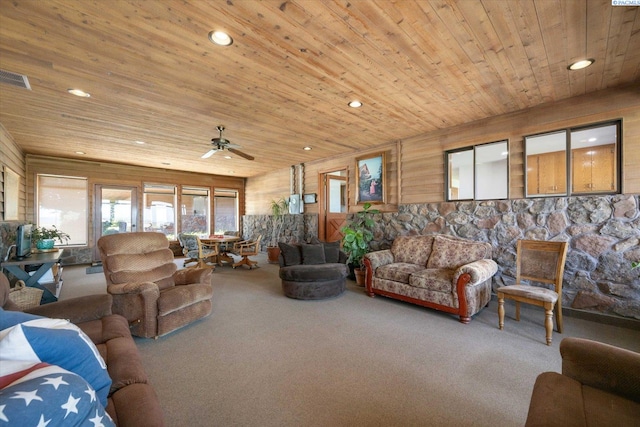 170732 Olsen Rd, Grandview, WA 98930 - living area with wood ceiling, carpet flooring, recessed lighting, and a ceiling fan