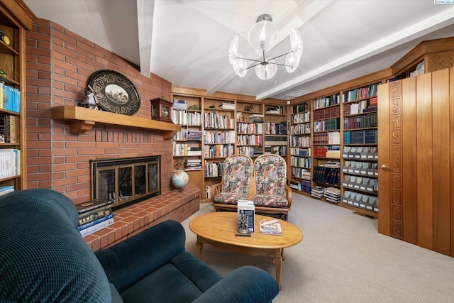 170732 Olsen Rd, Grandview, WA 98930 - sitting room with carpet flooring, beam ceiling, a chandelier, and a fireplace