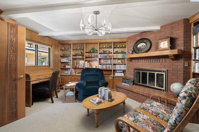 170732 Olsen Rd, Grandview, WA 98930 - sitting room with beam ceiling, light carpet, a chandelier, and a brick fireplace