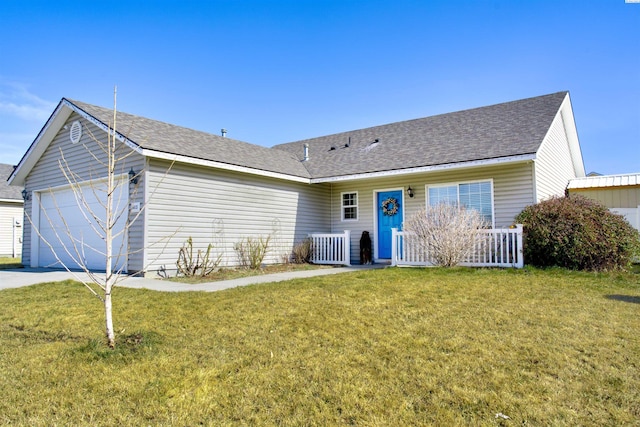 view of front of property featuring a garage, a shingled roof, central AC, and a front yard