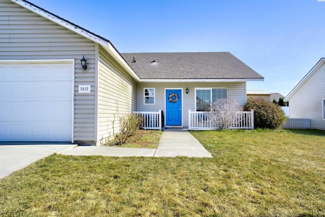 ranch-style home featuring a front yard, roof with shingles, central AC, and an attached garage