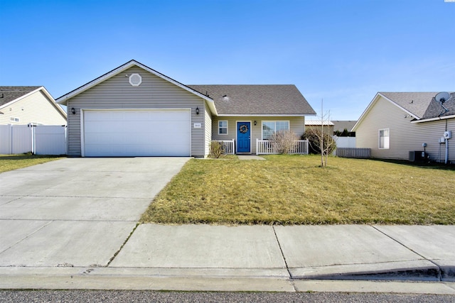 single story home with central air condition unit, concrete driveway, a front yard, fence, and a garage