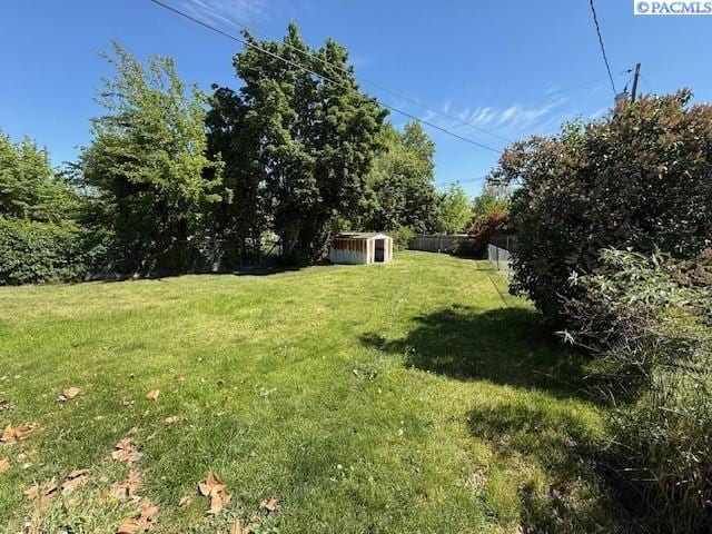 view of yard with an outdoor structure and a shed