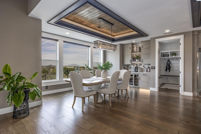 975 Rieve Ct, Richland, WA 99352 - dining room featuring beverage cooler, a raised ceiling, dark wood-type flooring, recessed lighting, and wooden ceiling