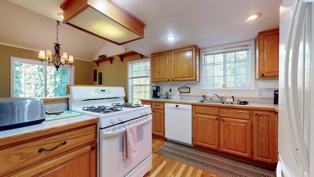 470 NW Robert St, Pullman, WA 99163 - kitchen featuring white appliances, light wood-style flooring, a chandelier, light countertops, and recessed lighting