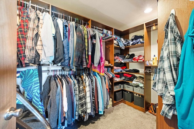 walk in closet featuring carpet flooring