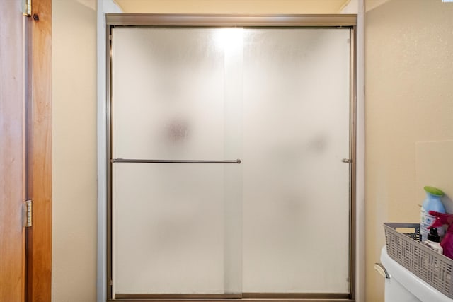 bathroom with a shower stall and toilet