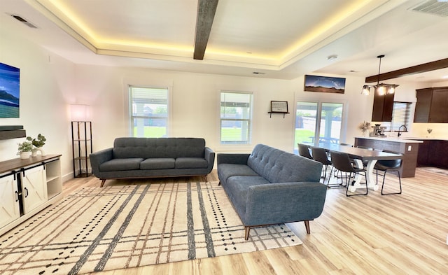 4516 NW Commons Dr, Pasco, WA 99301 - living area featuring light wood finished floors, plenty of natural light, beam ceiling, and a tray ceiling