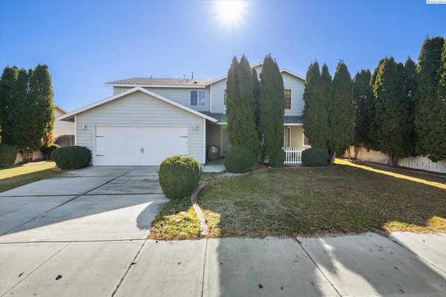 view of front facade featuring a garage, covered porch, fence, concrete driveway, and a front lawn