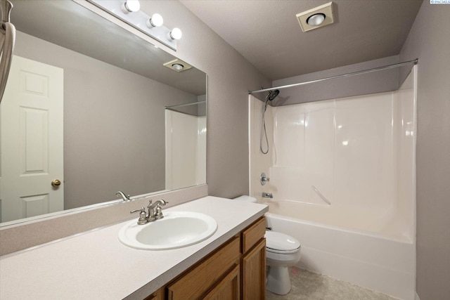 full bath with toilet, shower / washtub combination, and vanity