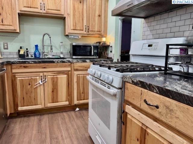 kitchen with sink, decorative backsplash, wood-type flooring, and gas range gas stove