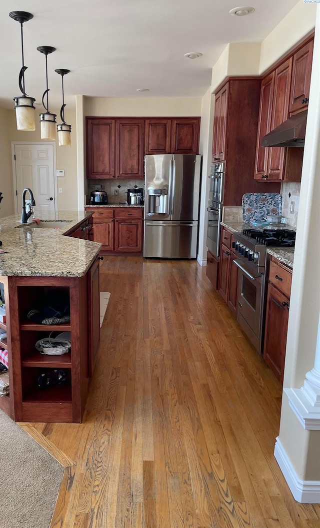 1105 SW Meyer Dr, Pullman, WA 99163 - kitchen featuring stainless steel appliances, a sink, extractor fan, light wood finished floors, and tasteful backsplash
