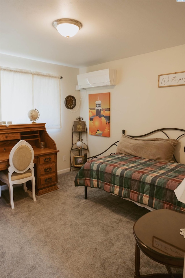 carpeted bedroom featuring an AC wall unit