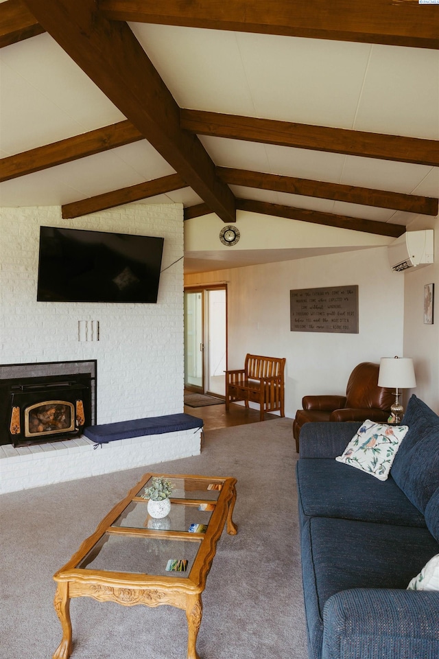 living room featuring a fireplace, a wall mounted AC, carpet floors, and vaulted ceiling with beams