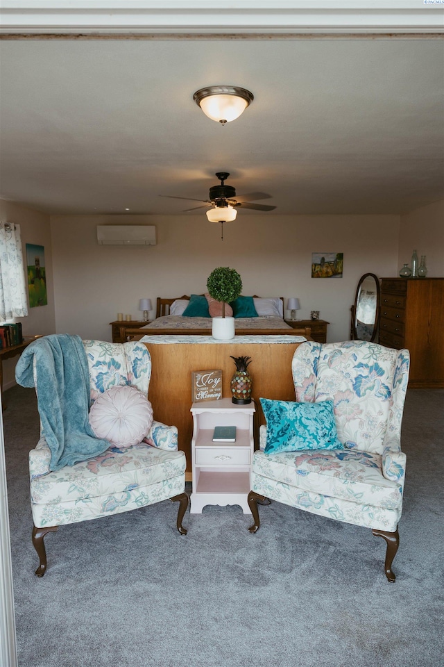 living room with carpet, a wall mounted air conditioner, and ceiling fan