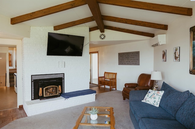 living room with carpet, vaulted ceiling with beams, a wall mounted air conditioner, and a fireplace