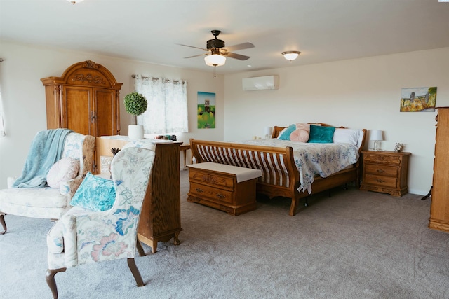 bedroom with ceiling fan, a wall mounted AC, and light carpet