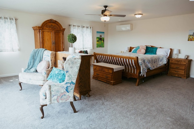 carpeted bedroom featuring ceiling fan and an AC wall unit