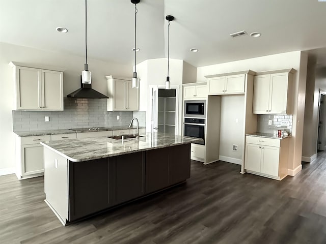 2730 Westhaven Ct, West Richland, WA 99353 - kitchen featuring visible vents, wall chimney range hood, built in microwave, stainless steel oven, and a sink