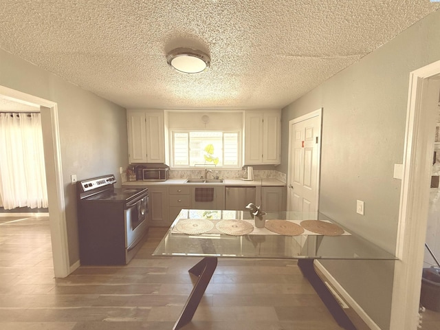 227 E 5th Ave, Kennewick, WA 99336 - kitchen with white cabinets, a sink, a textured ceiling, stainless steel appliances, and wood finished floors