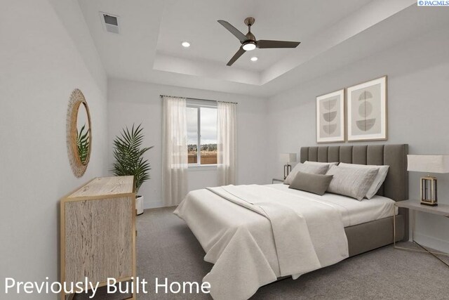 12113 Dunsmuir Dr, Pasco, WA 99301 - carpeted bedroom with baseboards, visible vents, recessed lighting, ceiling fan, and a raised ceiling