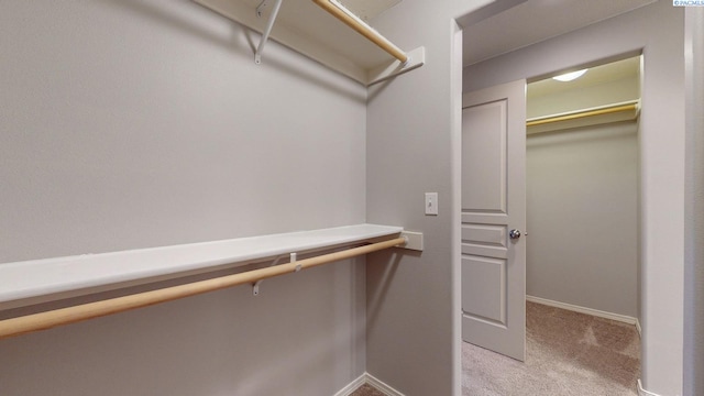 walk in closet featuring light colored carpet