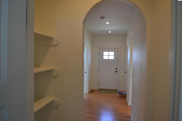 1205 SW Hannah St, Pullman, WA 99163 - corridor with wood finished floors, arched walkways, and recessed lighting