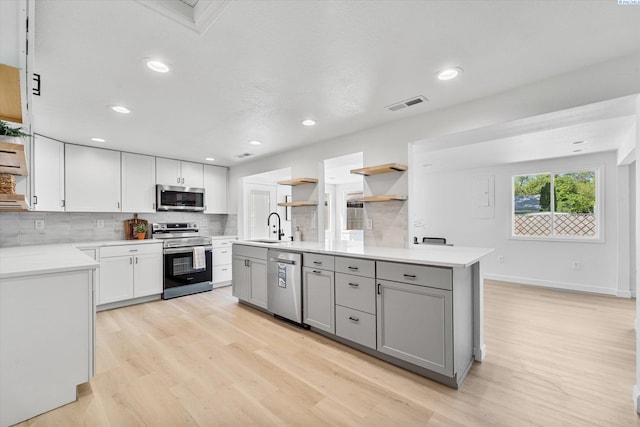 2008 Tinkle St, Richland, WA 99352 - kitchen featuring appliances with stainless steel finishes, gray cabinets, open shelves, light wood-type flooring, and recessed lighting