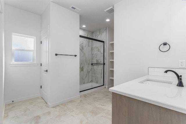 full bath with a marble finish shower, visible vents, baseboards, and recessed lighting