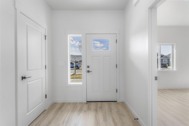 entrance foyer with light wood-style floors, baseboards, and a healthy amount of sunlight