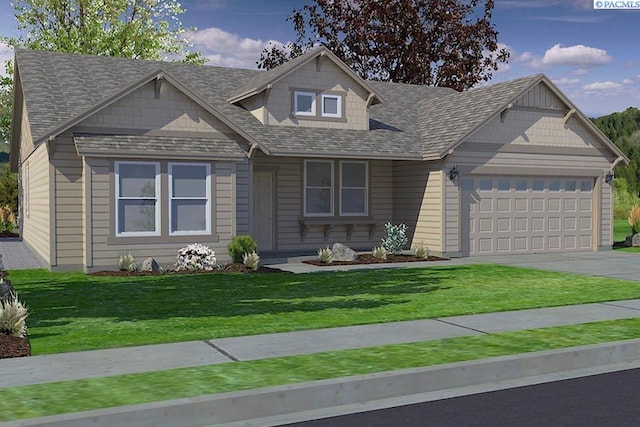 view of front of property featuring concrete driveway, a front yard, a shingled roof, and a garage