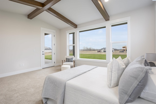 bedroom with vaulted ceiling with beams, light colored carpet, and access to exterior