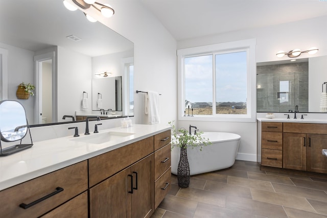 bathroom with vanity and independent shower and bath