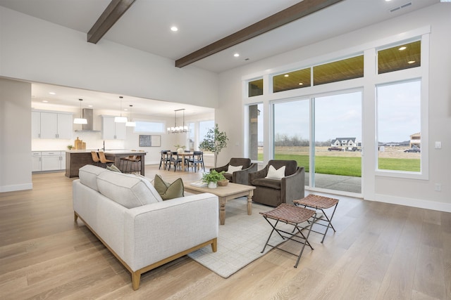 living room featuring beamed ceiling, sink, a wealth of natural light, and light wood-type flooring