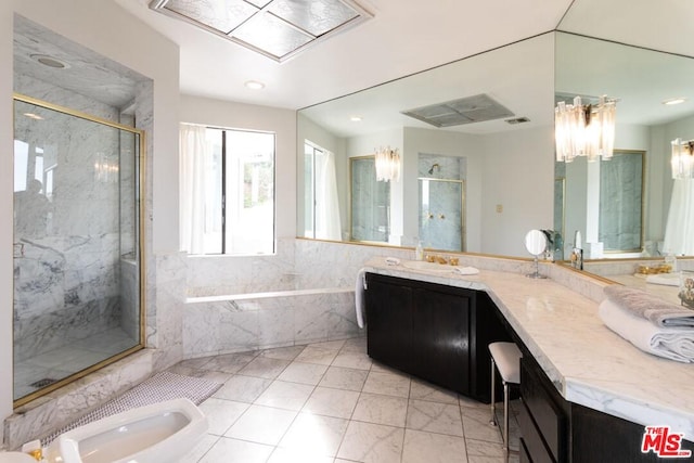 bathroom featuring a bidet, plus walk in shower, tile floors, and dual bowl vanity