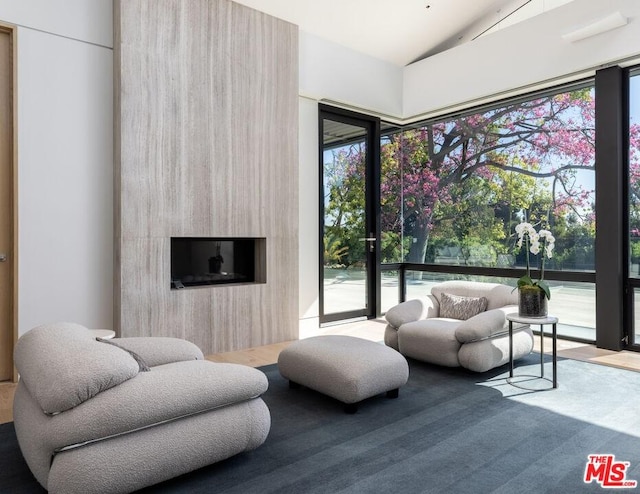 living room with high vaulted ceiling and light carpet