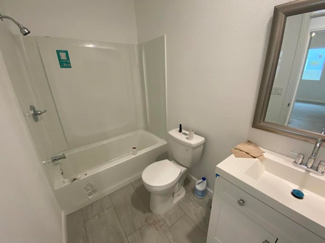 full bathroom with toilet, bathtub / shower combination, large vanity, and tile flooring