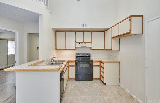 kitchen featuring black electric range oven, kitchen peninsula, sink, white cabinets, and light tile flooring