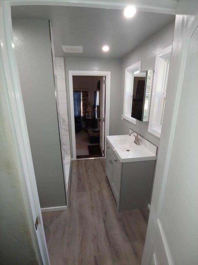 bathroom with vanity and hardwood / wood-style flooring