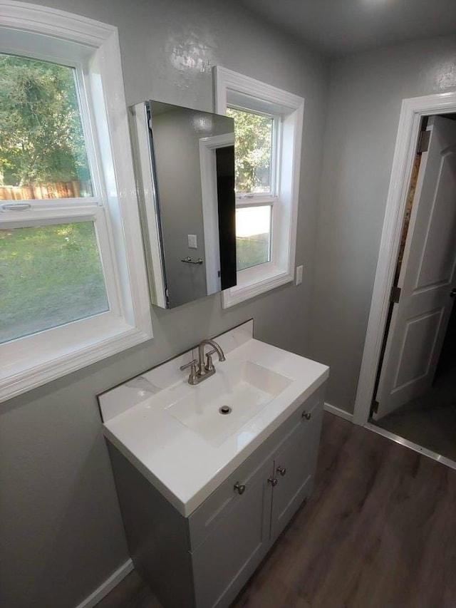 bathroom featuring vanity and hardwood / wood-style floors