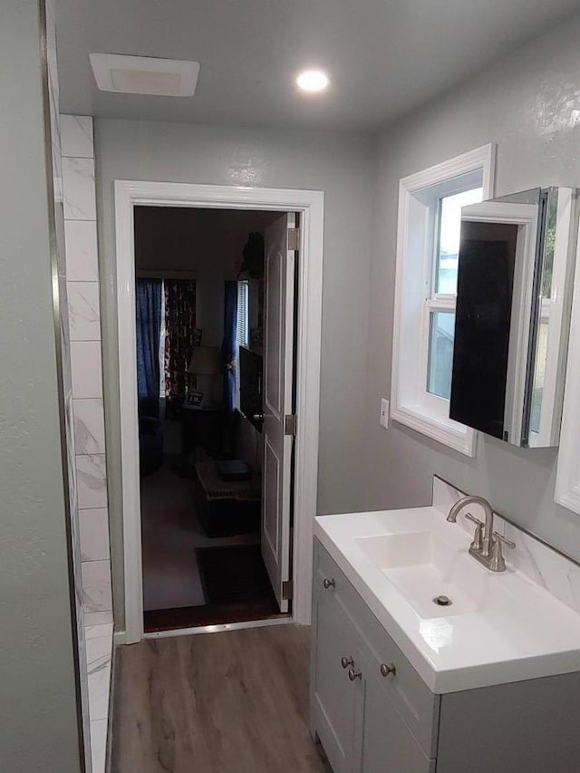 bathroom featuring vanity and wood-type flooring